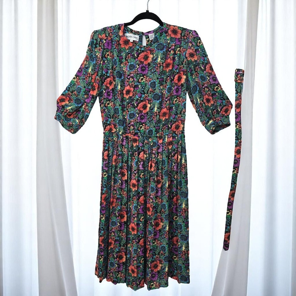 Andrea Gayle Woman VTG Size 6 Floral Print‎ Dress 3/4 Sleeve Pleated Multicolor